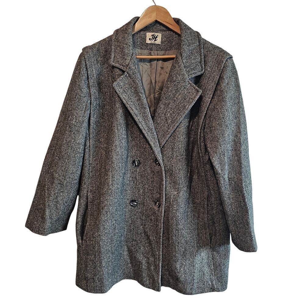 Vintage Wool Coat Women XL Black Preppy 80s Academia Glam Rock Warm Neutral